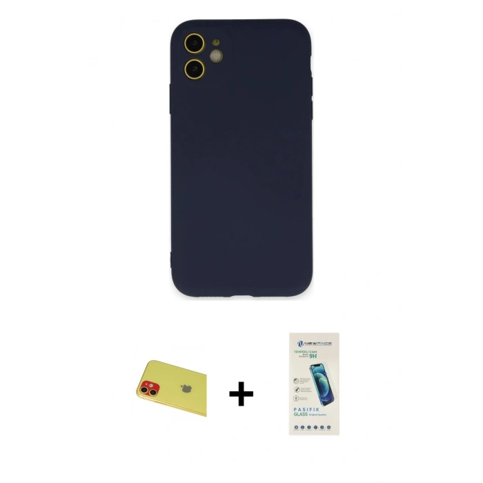 MARSİLYAN™- iPhone 11 Kılıf Ahenk Serisi - Şeffaf Pasifik Cam Ekran Koruyucu + Rainbow Kamera Lens Koruma Cam - KI
