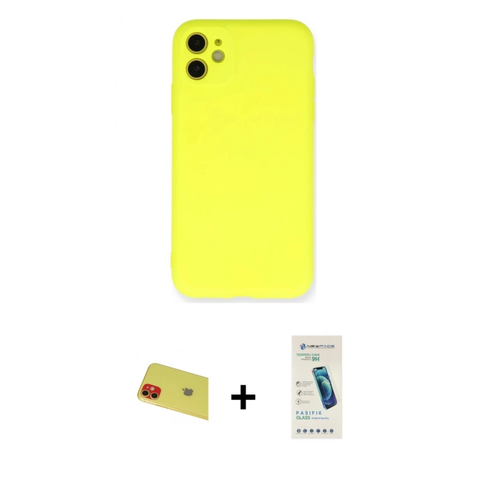 MARSİLYAN™- iPhone 11 Kılıf Ahenk Serisi - Şeffaf Pasifik Cam Ekran Koruyucu + Rainbow Kamera Lens Koruma Cam - KI