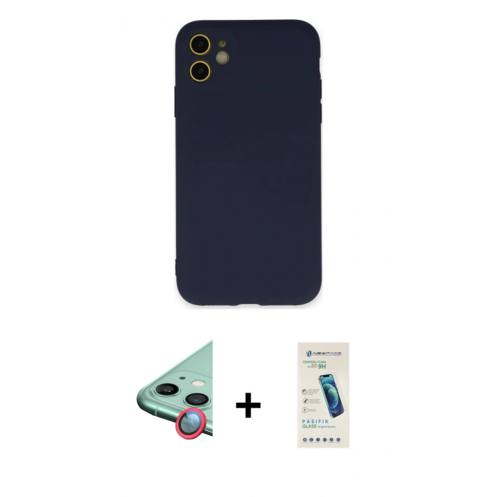 MARSİLYAN™- iPhone 11 Kılıf Ahenk Serisi - Şeffaf Pasifik Cam Ekran Koruyucu + Raze Metal Kamera Lens - KI