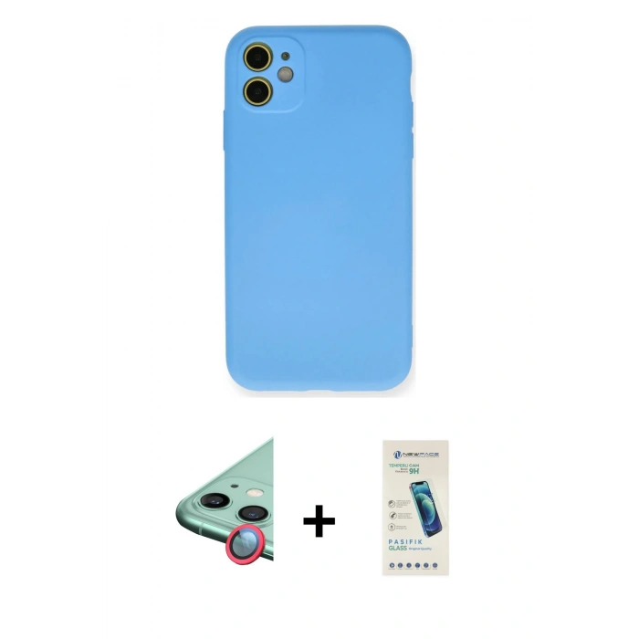 MARSİLYAN™- iPhone 11 Kılıf Ahenk Serisi - Şeffaf Pasifik Cam Ekran Koruyucu + Raze Metal Kamera Lens - KI