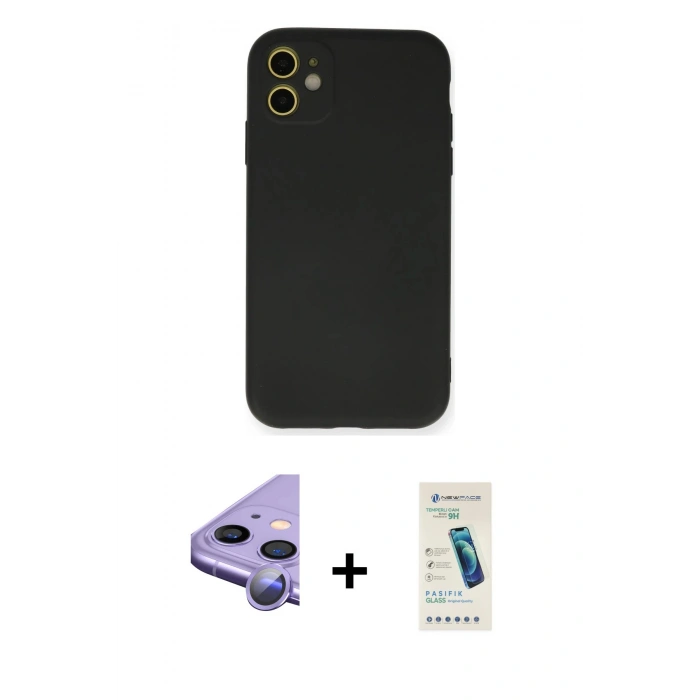 MARSİLYAN™- iPhone 11 Kılıf Ahenk Serisi - Şeffaf Pasifik Cam Ekran Koruyucu + Raze Metal Kamera Lens - MR