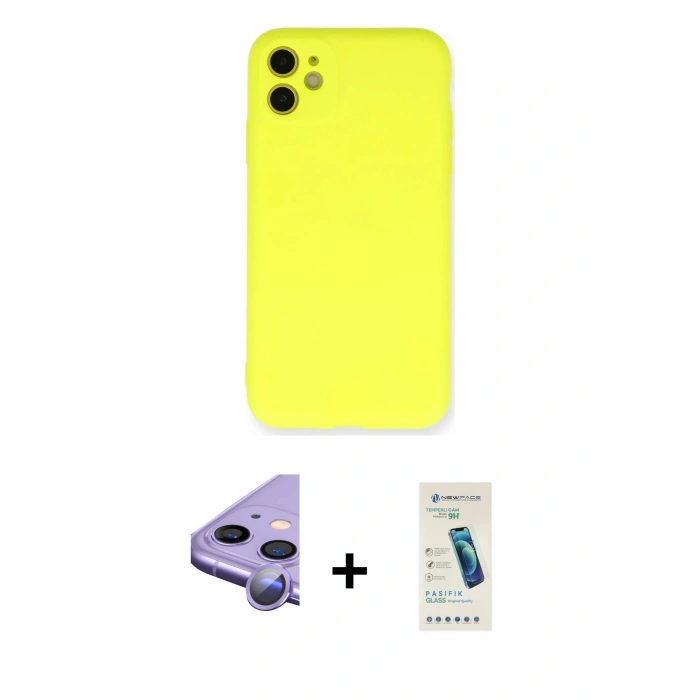 MARSİLYAN™- iPhone 11 Kılıf Ahenk Serisi - Şeffaf Pasifik Cam Ekran Koruyucu + Raze Metal Kamera Lens - MR
