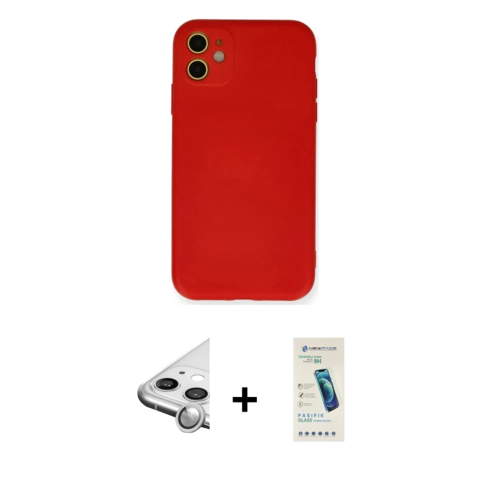 MARSİLYAN™- iPhone 11 Kılıf Ahenk Serisi - Şeffaf Pasifik Cam Ekran Koruyucu + Raze Metal Kamera Lens - GS