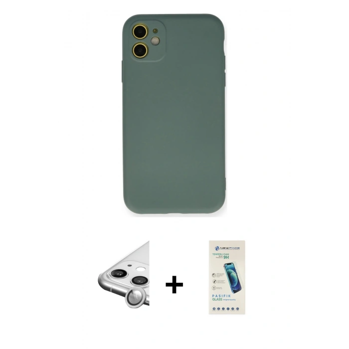 MARSİLYAN™- iPhone 11 Kılıf Ahenk Serisi - Şeffaf Pasifik Cam Ekran Koruyucu + Raze Metal Kamera Lens - GS