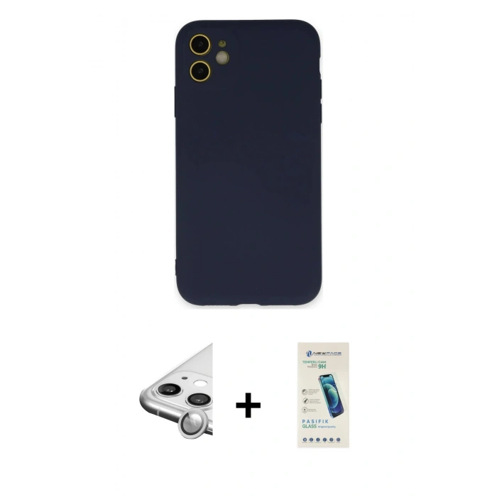 MARSİLYAN™- iPhone 11 Kılıf Ahenk Serisi - Şeffaf Pasifik Cam Ekran Koruyucu + Raze Metal Kamera Lens - GS