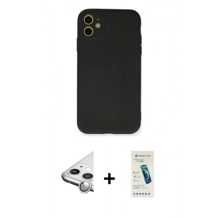 MARSİLYAN™- iPhone 11 Kılıf Ahenk Serisi - Şeffaf Pasifik Cam Ekran Koruyucu + Raze Metal Kamera Lens - GS