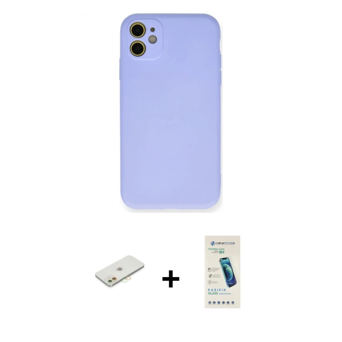 MARSİLYAN™- iPhone 11 Kılıf Ahenk Serisi - Şeffaf Pasifik Cam Ekran Koruyucu + Renkli Kamera Lens Koruma Cam - TU