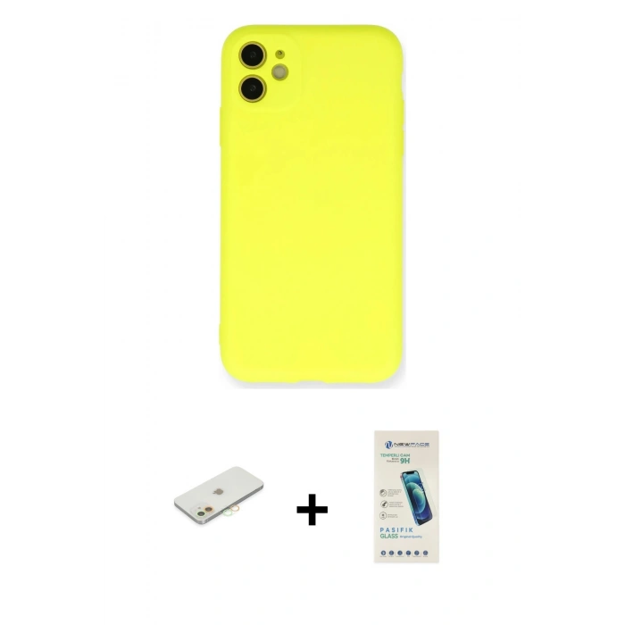 MARSİLYAN™- iPhone 11 Kılıf Ahenk Serisi - Şeffaf Pasifik Cam Ekran Koruyucu + Renkli Kamera Lens Koruma Cam - TU