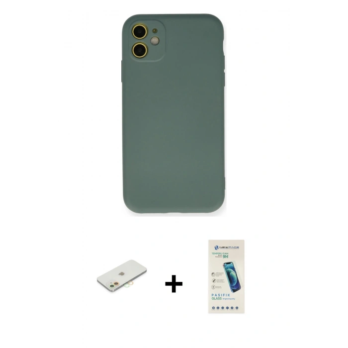 MARSİLYAN™- iPhone 11 Kılıf Ahenk Serisi - Şeffaf Pasifik Cam Ekran Koruyucu + Renkli Kamera Lens Koruma Cam - TU