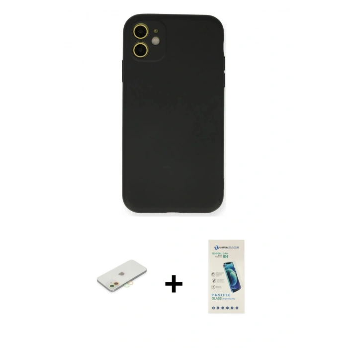 MARSİLYAN™- iPhone 11 Kılıf Ahenk Serisi - Şeffaf Pasifik Cam Ekran Koruyucu + Renkli Kamera Lens Koruma Cam - TU