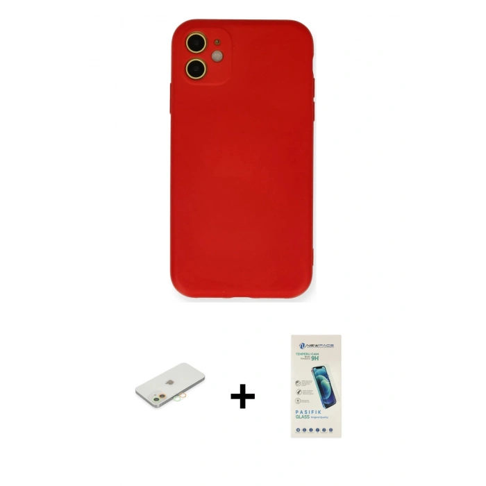 MARSİLYAN™- iPhone 11 Kılıf Ahenk Serisi - Şeffaf Pasifik Cam Ekran Koruyucu + Renkli Kamera Lens Koruma Cam - TU