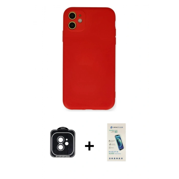 MARSİLYAN™- iPhone 11 Kılıf Ahenk Serisi - Şeffaf Pasifik Cam Ekran Koruyucu + PVD Metal Kamera Lens - SH