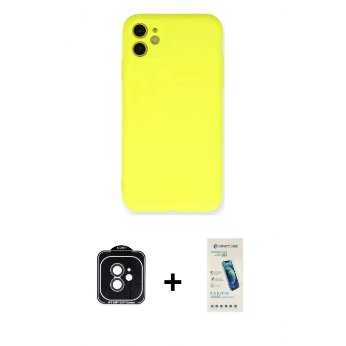 MARSİLYAN™- iPhone 11 Kılıf Ahenk Serisi - Şeffaf Pasifik Cam Ekran Koruyucu + PVD Metal Kamera Lens - SH