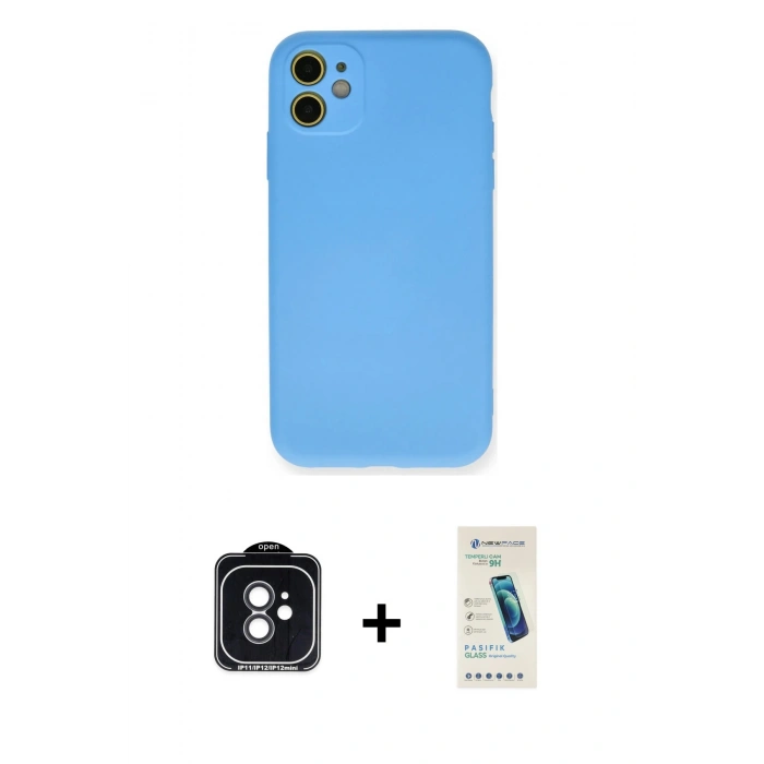 MARSİLYAN™- iPhone 11 Kılıf Ahenk Serisi - Şeffaf Pasifik Cam Ekran Koruyucu + PVD Metal Kamera Lens - SH