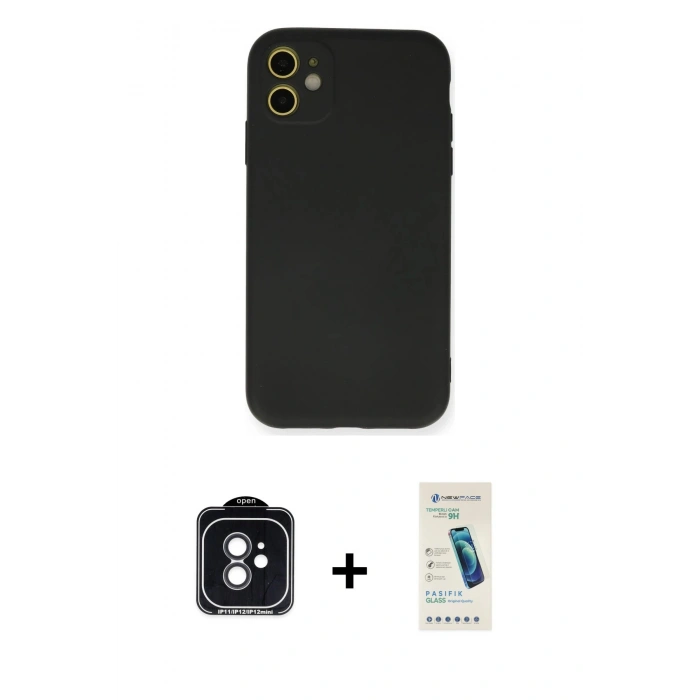 MARSİLYAN™- iPhone 11 Kılıf Ahenk Serisi - Şeffaf Pasifik Cam Ekran Koruyucu + PVD Metal Kamera Lens - SH