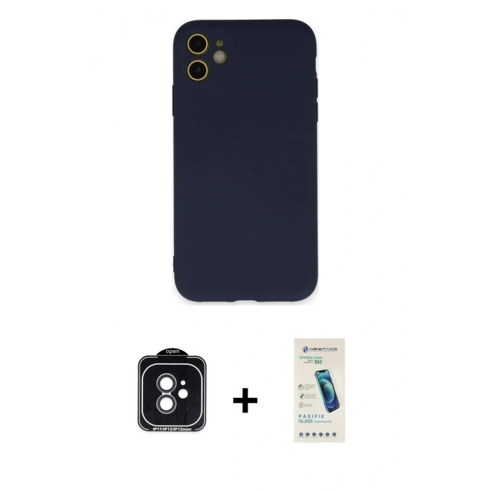 MARSİLYAN™- iPhone 11 Kılıf Ahenk Serisi - Şeffaf Pasifik Cam Ekran Koruyucu + PVD Metal Kamera Lens - SH