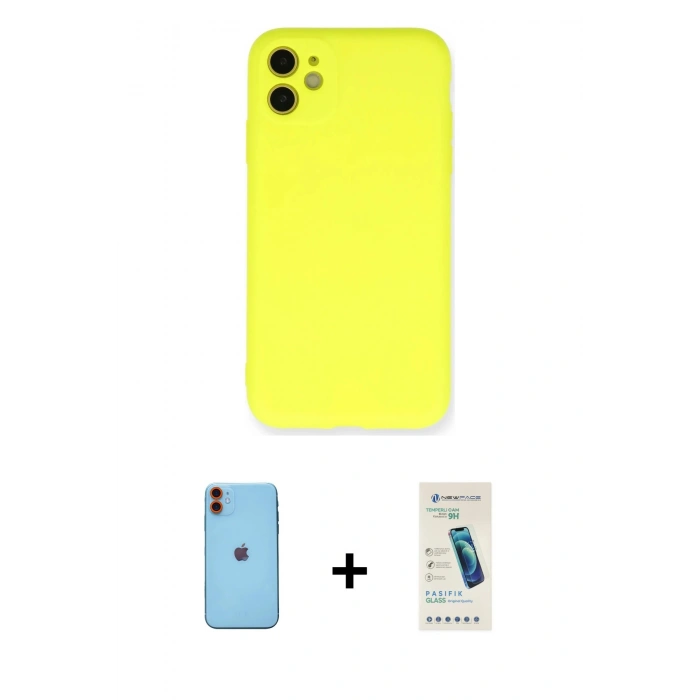 MARSİLYAN™- iPhone 11 Kılıf Ahenk Serisi - Şeffaf Pasifik Cam Ekran Koruyucu + Neon Fosforlu Kamera Lens - TU