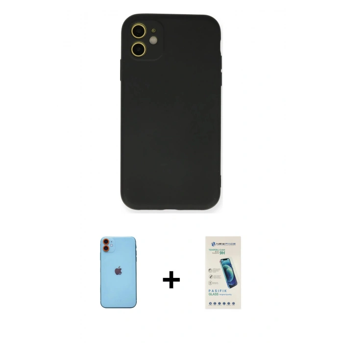 MARSİLYAN™- iPhone 11 Kılıf Ahenk Serisi - Şeffaf Pasifik Cam Ekran Koruyucu + Neon Fosforlu Kamera Lens - TU