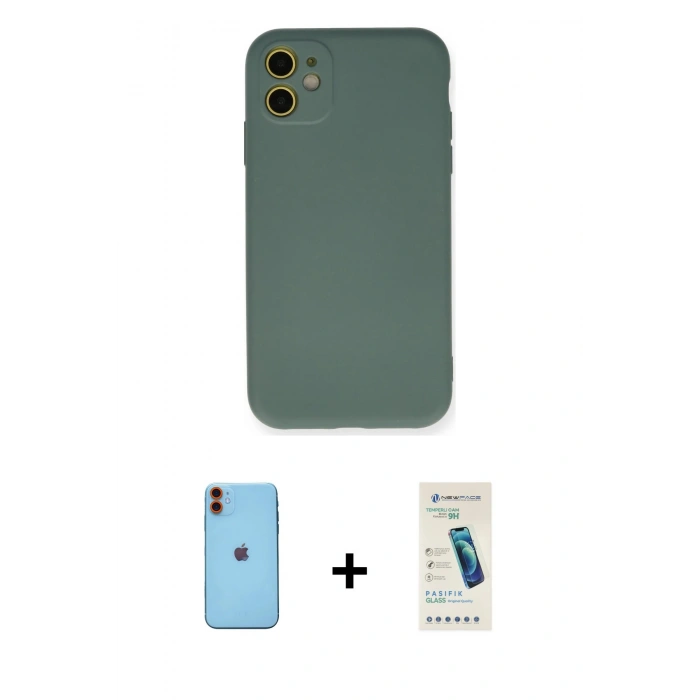 MARSİLYAN™- iPhone 11 Kılıf Ahenk Serisi - Şeffaf Pasifik Cam Ekran Koruyucu + Neon Fosforlu Kamera Lens - TU
