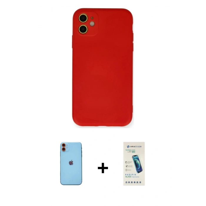 MARSİLYAN™- iPhone 11 Kılıf Ahenk Serisi - Şeffaf Pasifik Cam Ekran Koruyucu + Neon Fosforlu Kamera Lens - TU