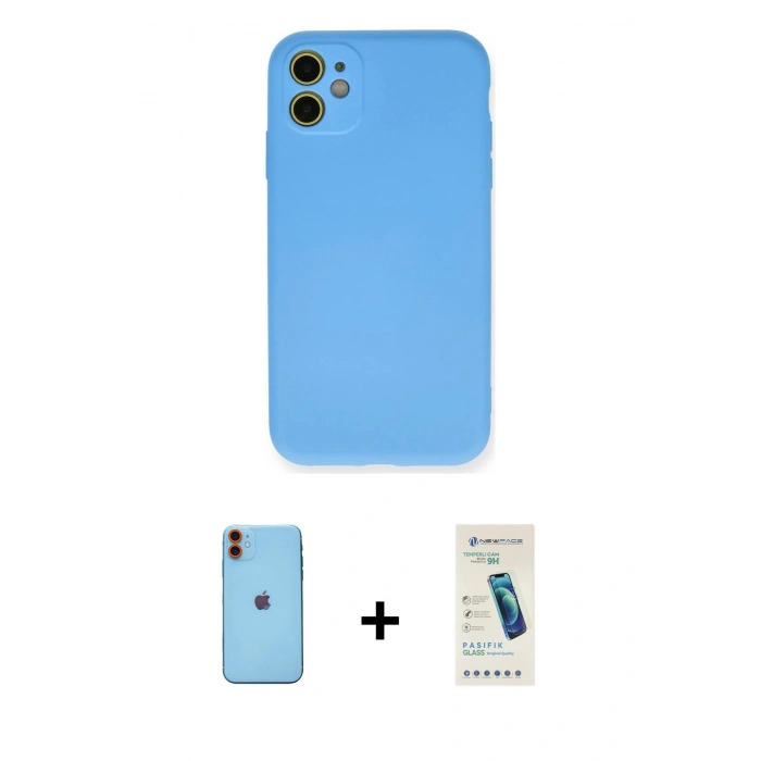 MARSİLYAN™- iPhone 11 Kılıf Ahenk Serisi - Şeffaf Pasifik Cam Ekran Koruyucu + Neon Fosforlu Kamera Lens - TU