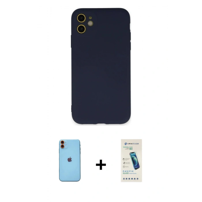 MARSİLYAN™- iPhone 11 Kılıf Ahenk Serisi - Şeffaf Pasifik Cam Ekran Koruyucu + Neon Fosforlu Kamera Lens - TU