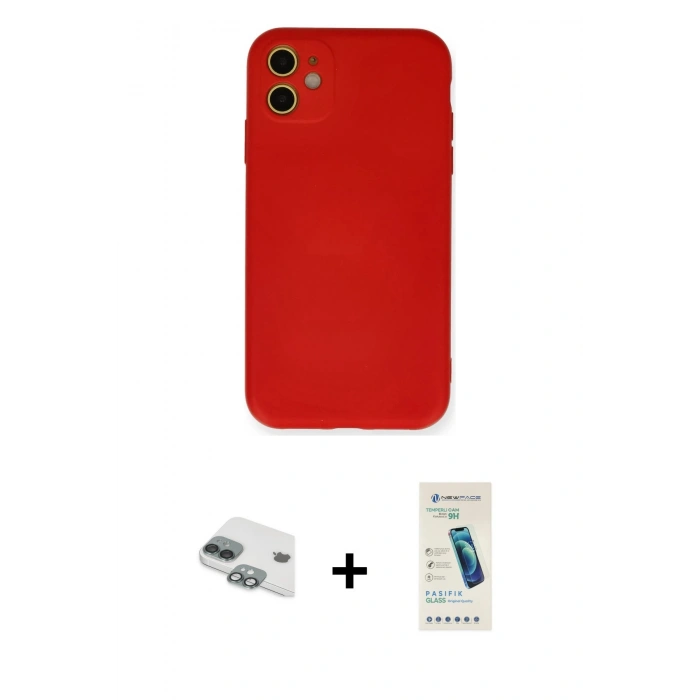MARSİLYAN™- iPhone 11 Kılıf Ahenk Serisi - Şeffaf Pasifik Cam Ekran Koruyucu + Pers Alüminyum Kamera Lens - YL