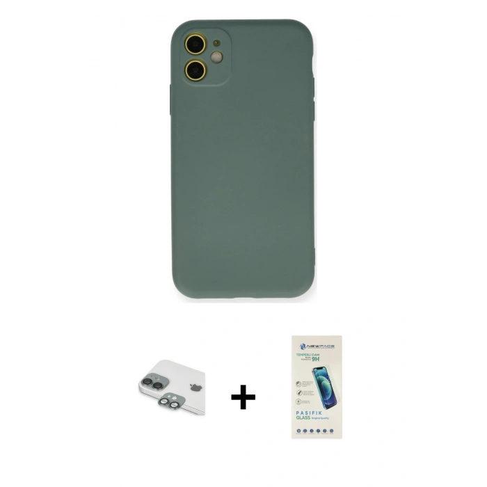 MARSİLYAN™- iPhone 11 Kılıf Ahenk Serisi - Şeffaf Pasifik Cam Ekran Koruyucu + Pers Alüminyum Kamera Lens - YL