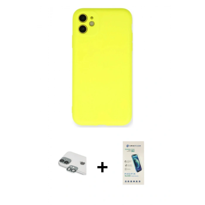 MARSİLYAN™- iPhone 11 Kılıf Ahenk Serisi - Şeffaf Pasifik Cam Ekran Koruyucu + Pers Alüminyum Kamera Lens - YL