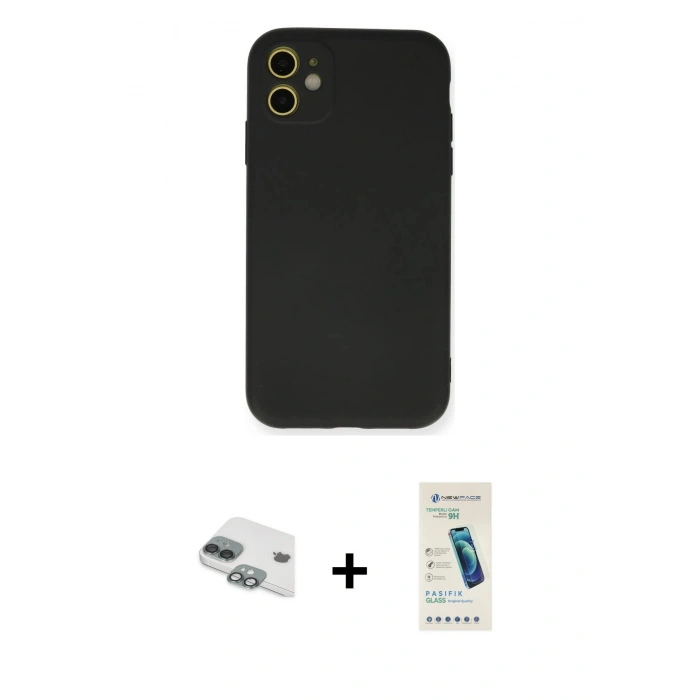 MARSİLYAN™- iPhone 11 Kılıf Ahenk Serisi - Şeffaf Pasifik Cam Ekran Koruyucu + Pers Alüminyum Kamera Lens - YL