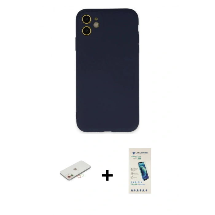 MARSİLYAN™- iPhone 11 Kılıf Ahenk Serisi - Şeffaf Pasifik Cam Ekran Koruyucu + Renkli Kamera Lens Koruma Cam - YL