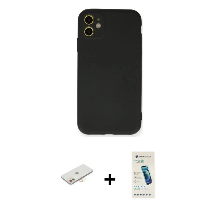 MARSİLYAN™- iPhone 11 Kılıf Ahenk Serisi - Şeffaf Pasifik Cam Ekran Koruyucu + Renkli Kamera Lens Koruma Cam - YL