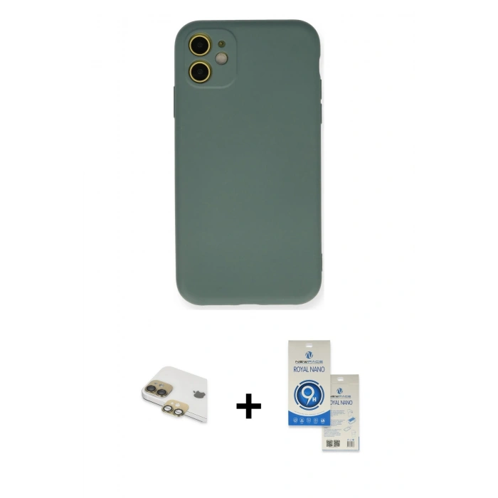 MARSİLYAN™- iPhone 11 Kılıf Ahenk Serisi - Şeffaf Royal Nano Ekran Koruyucu + Pers Alüminyum Kamera Lens - GD