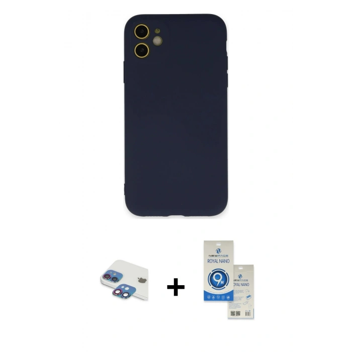MARSİLYAN™- iPhone 11 Kılıf Ahenk Serisi - Şeffaf Royal Nano Ekran Koruyucu + Pers Alüminyum Kamera Lens - GI