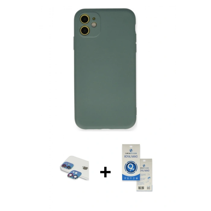 MARSİLYAN™- iPhone 11 Kılıf Ahenk Serisi - Şeffaf Royal Nano Ekran Koruyucu + Pers Alüminyum Kamera Lens - GI