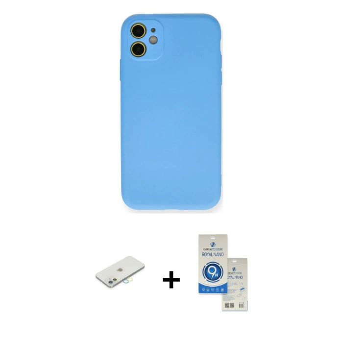 MARSİLYAN™- iPhone 11 Kılıf Ahenk Serisi - Şeffaf Royal Nano Ekran Koruyucu + Renkli Kamera Lens Koruma Cam - SI