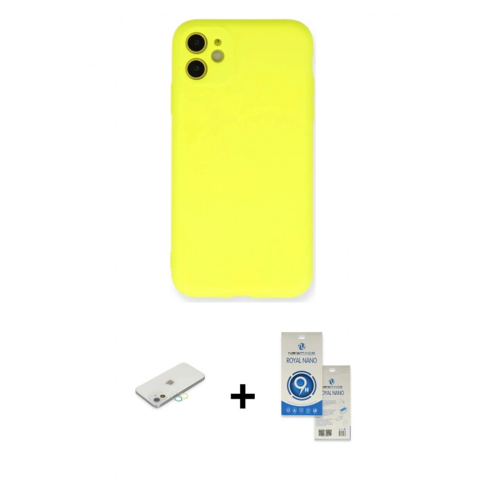 MARSİLYAN™- iPhone 11 Kılıf Ahenk Serisi - Şeffaf Royal Nano Ekran Koruyucu + Renkli Kamera Lens Koruma Cam - SI