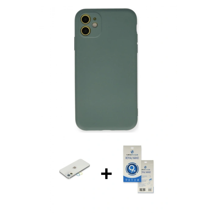 MARSİLYAN™- iPhone 11 Kılıf Ahenk Serisi - Şeffaf Royal Nano Ekran Koruyucu + Renkli Kamera Lens Koruma Cam - SI