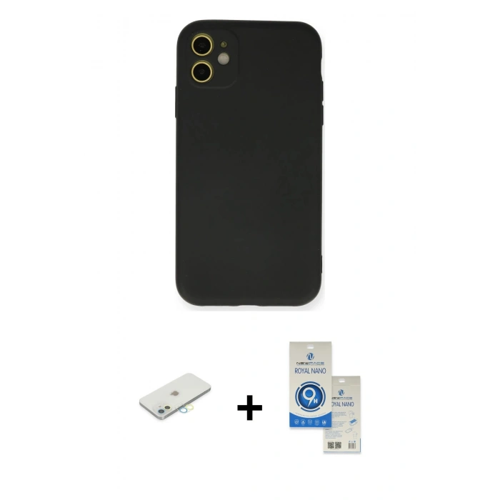 MARSİLYAN™- iPhone 11 Kılıf Ahenk Serisi - Şeffaf Royal Nano Ekran Koruyucu + Renkli Kamera Lens Koruma Cam - SI