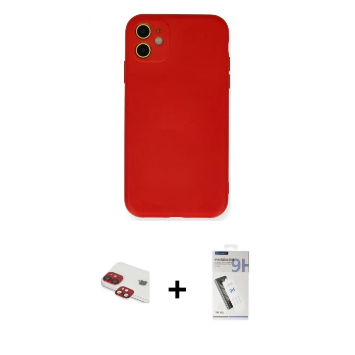 MARSİLYAN™- iPhone 11 Kılıf Ahenk Serisi - Şeffaf Uv Polymer Nano Ekran Koruyucu + Kırmızı Pers Alüminyum Kamera Lens