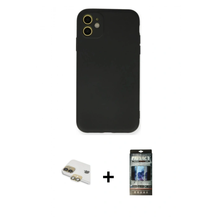 MARSİLYAN™- iPhone 11 Kılıf Ahenk Serisi - Siyah 34D Hayalet Izgaralı Cam + Pers Alüminyum Kamera Lens - GD