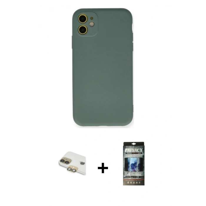 MARSİLYAN™- iPhone 11 Kılıf Ahenk Serisi - Siyah 34D Hayalet Izgaralı Cam + Pers Alüminyum Kamera Lens - GD