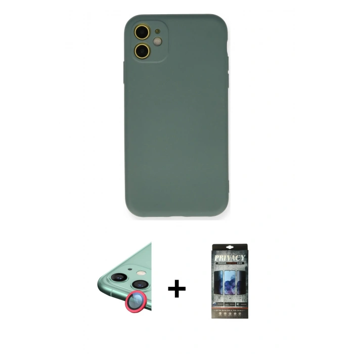 MARSİLYAN™- iPhone 11 Kılıf Ahenk Serisi - Siyah 34D Hayalet Izgaralı Cam + Raze Metal Kamera Lens - KI