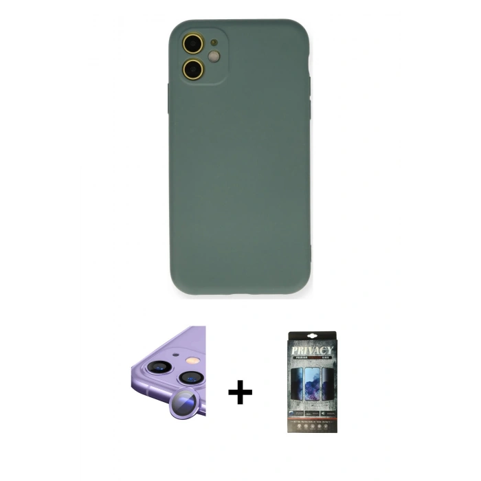 MARSİLYAN™- iPhone 11 Kılıf Ahenk Serisi - Siyah 34D Hayalet Izgaralı Cam + Raze Metal Kamera Lens - MR