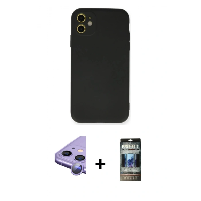 MARSİLYAN™- iPhone 11 Kılıf Ahenk Serisi - Siyah 34D Hayalet Izgaralı Cam + Raze Metal Kamera Lens - MR