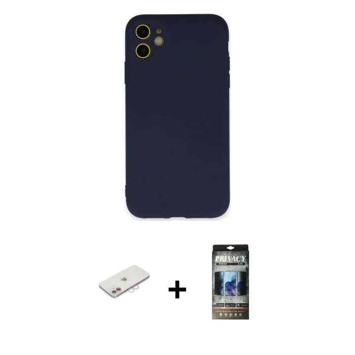 MARSİLYAN™- iPhone 11 Kılıf Ahenk Serisi - Siyah 34D Hayalet Izgaralı Cam + Renkli Kamera Lens Koruma Cam - PE