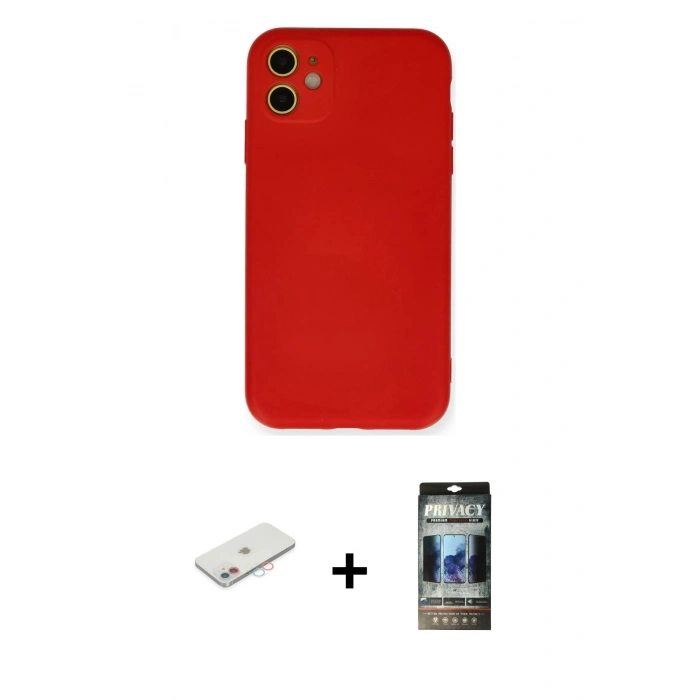 MARSİLYAN™- iPhone 11 Kılıf Ahenk Serisi - Siyah 34D Hayalet Izgaralı Cam + Renkli Kamera Lens Koruma Cam - PE