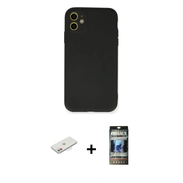 MARSİLYAN™- iPhone 11 Kılıf Ahenk Serisi - Siyah 34D Hayalet Izgaralı Cam + Renkli Kamera Lens Koruma Cam - PE