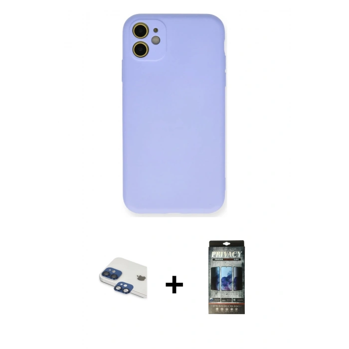 MARSİLYAN™- iPhone 11 Kılıf Ahenk Serisi - Siyah 34D Hayalet Izgaralı Cam + Pers Alüminyum Kamera Lens - LT