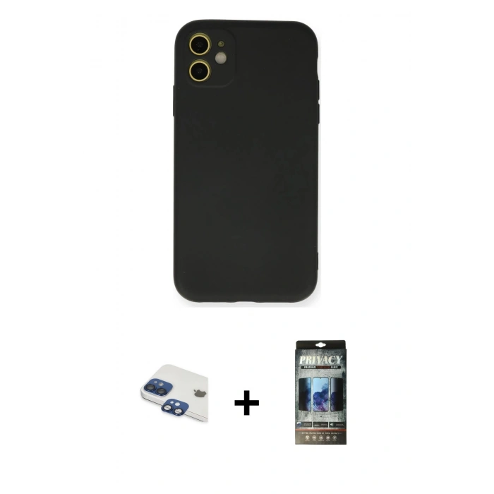 MARSİLYAN™- iPhone 11 Kılıf Ahenk Serisi - Siyah 34D Hayalet Izgaralı Cam + Pers Alüminyum Kamera Lens - LT